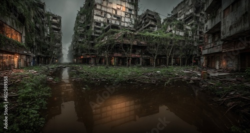 The Silent Glow of Nature: Hyper-Realistic Urban Decay. Post Apocalyptic City Ruins. Abandoned Buildings in the Evening. (generative ai)