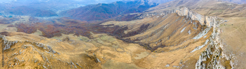 Panoramic aerial view of Mount Dimats and Aghstev valley on cloudy autumn day. Dilijan National Park, Tavush Province, Armenia.