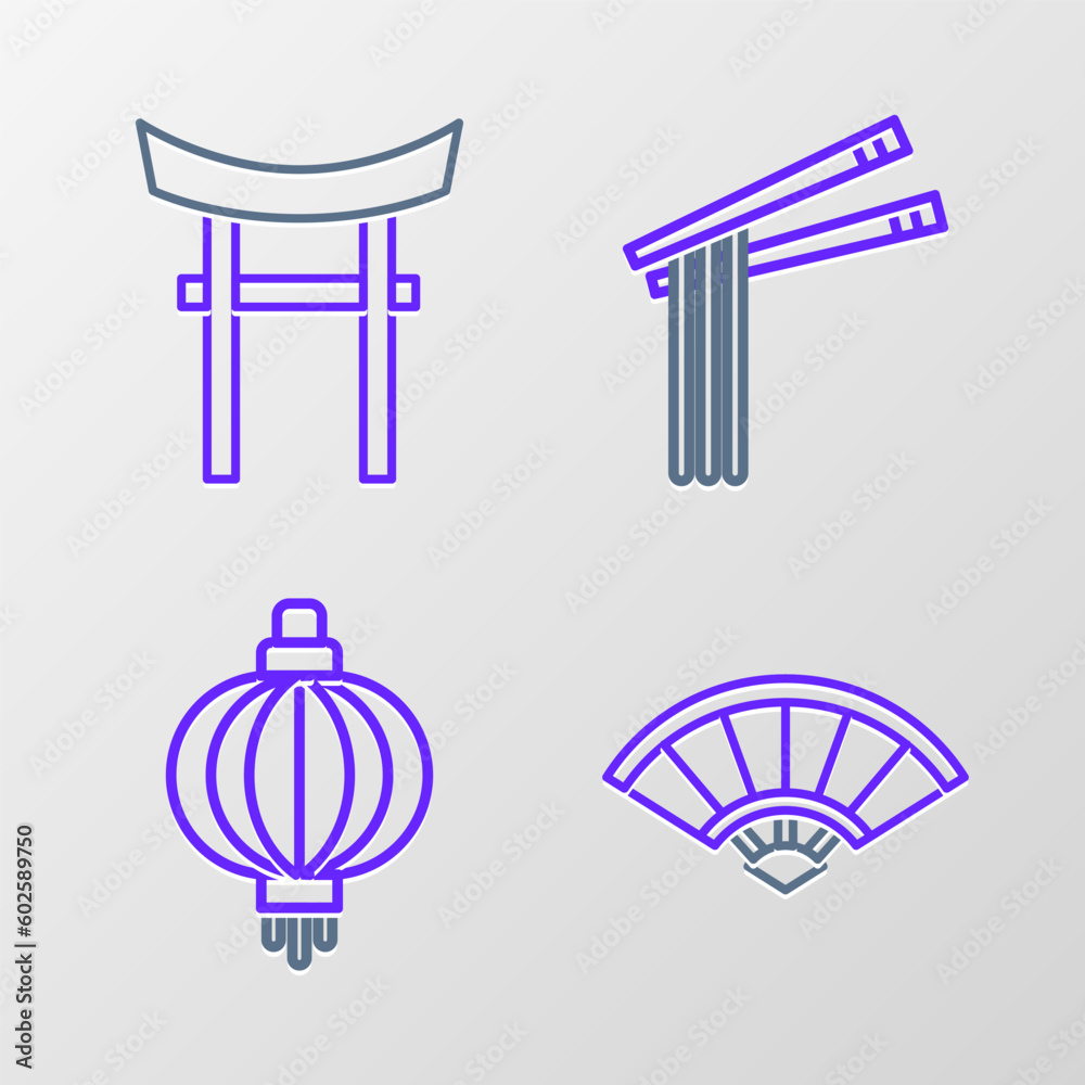 Set line Paper chinese or japanese folding fan, Japanese paper lantern, Asian noodles and chopsticks and Gate icon. Vector Set line Paper chinese or japanese folding fan, Japanese paper lantern, Asian noodles and chopsticks and Gate icon. Vector