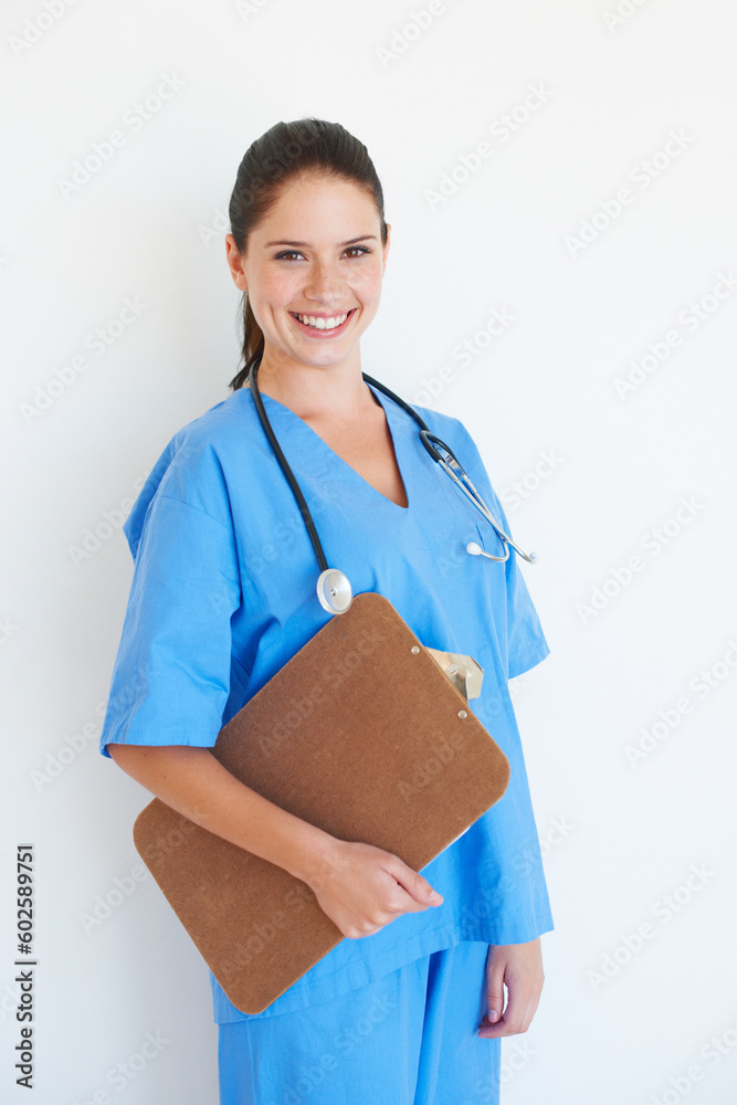 Studio portrait, happy and nurse with clipboard checklist for nursing healthcare, medical hospital or cardiology health. Medicine doctor, caregiver woman or happy surgeon isolated on white background Studio portrait, happy and nurse with clipboard checklist for nursing healthcare, medical hospital or cardiology health. Medicine doctor, caregiver woman or happy surgeon isolated on white background