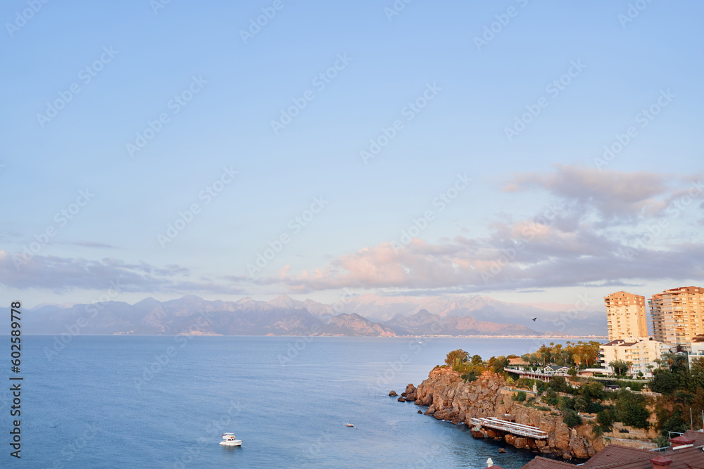 Beautiful landscape with city on the seashore. Antalya, Turkey.
