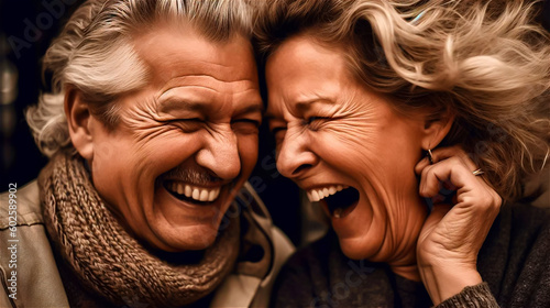 A retired couple put their heads together and giggle heartily and in love., gerenative AI photo
