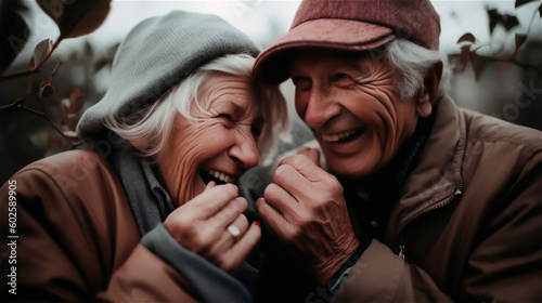 A retired couple put their heads together and giggle heartily and in love., gerenative AI