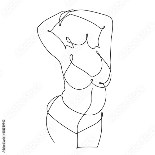 Trendy Line Art Drawing of Curvy Woman Body. Minimalistic Black Lines Drawing. Female Figure Continuous One Line Abstract Drawing. Modern Scandinavian Design. Naked Body Art. Vector Illustration. 
