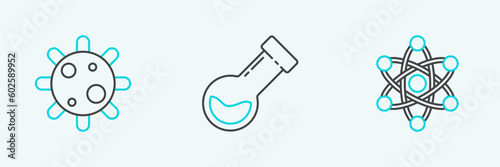 Set line Atom, Bacteria and Test tube and flask chemical icon. Vector