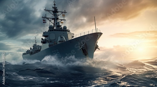 Vászonkép naval vessel destroyer sailing fast in the ocean, AI Generated