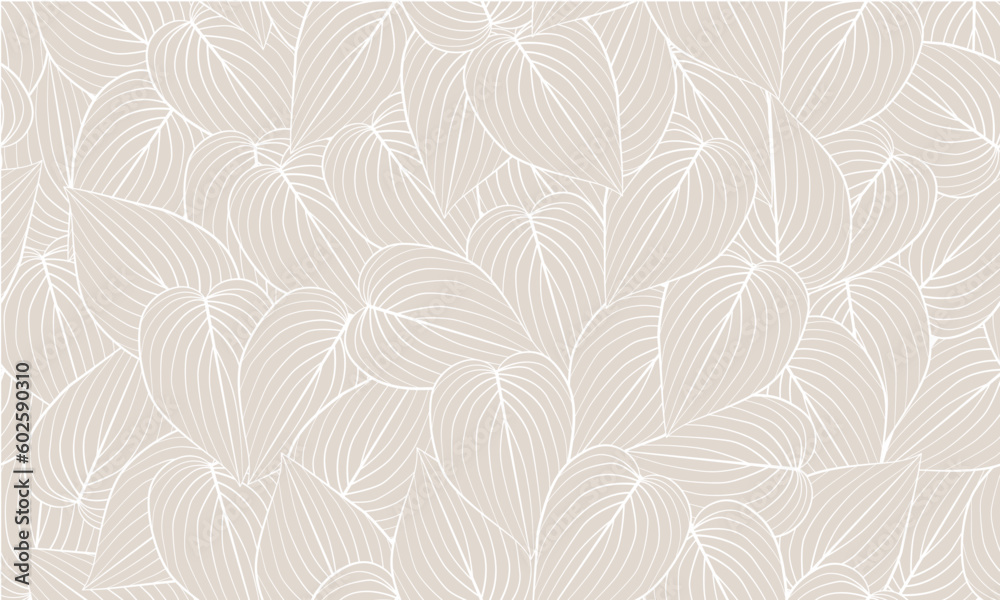 Vector Hand Drawn Line Art Leaves Seamless Pattern. Pastel Floral Background with Leaves in Modern Trendy Linear Style.  