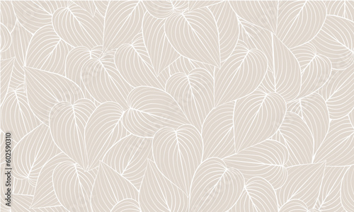 Fototapeta Naklejka Na Ścianę i Meble -  Vector Hand Drawn Line Art Leaves Seamless Pattern. Pastel Floral Background with Leaves in Modern Trendy Linear Style.  