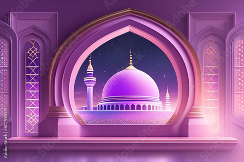 Ramadan Kareem greets the background light purple mosque. Generative Ai