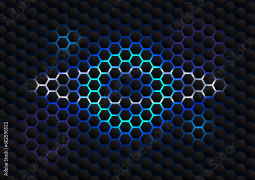 Technology background honeycomb Use geometric shapes to form a dark tone into a hexagonal shape, inserting the blue tone behind. Emphasis on technology-related posters or illustrations