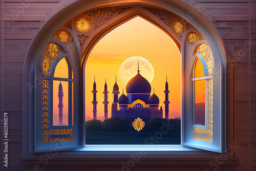 Ramadan Kareem greeting background light bleu mosque window. Generative Ai