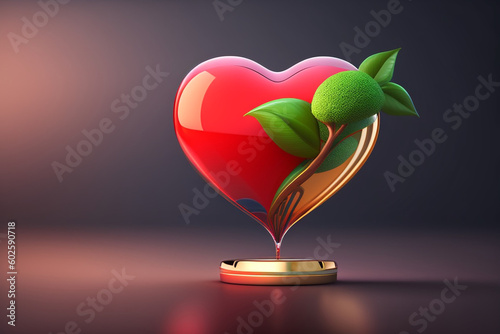 Heart in a glass vase. 3d valentines Day celebration background. Generative Ai