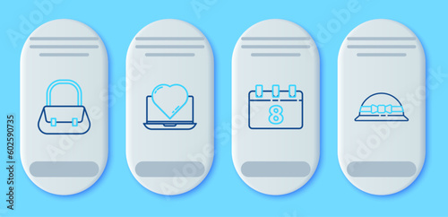 Set line Online dating app and chat, Calendar with 8 March, Handbag and Elegant women icon. Vector