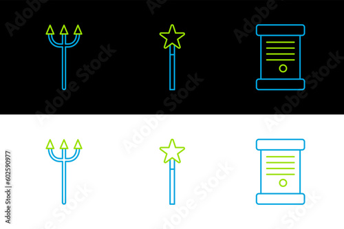 Set line Decree, paper, parchment, scroll, Neptune Trident and Magic wand icon. Vector