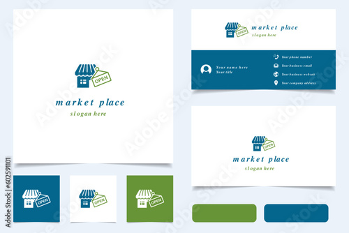 Marketplace logo design with editable slogan. Branding book and business card template.