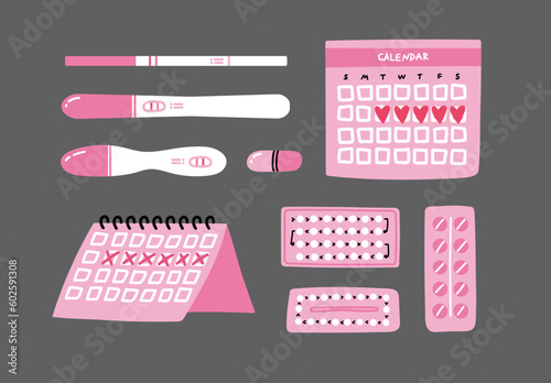 Pregnancy planning, birth control pills, menstrual tracker, periods calendar, ovulation fertility pregnancy test isolated on dark. Cute hand drawn pink design woman health care vector icon set.