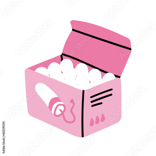 Tampon packaging box isolated on white. Cute pink color hand drawn feminine intimate hygiene, menstrual period sanitary goods, cotton tampon protection, female health care vector illustration.