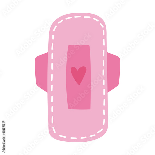 Cute hand drawn menstrual pad isolated on white. Pink feminine intimate hygiene sanitary napkin. Doodle style menstruation health care product cartoon vector illustration.