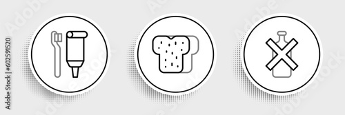 Set line No alcohol, Toothbrush and toothpaste and Bread toast icon. Vector