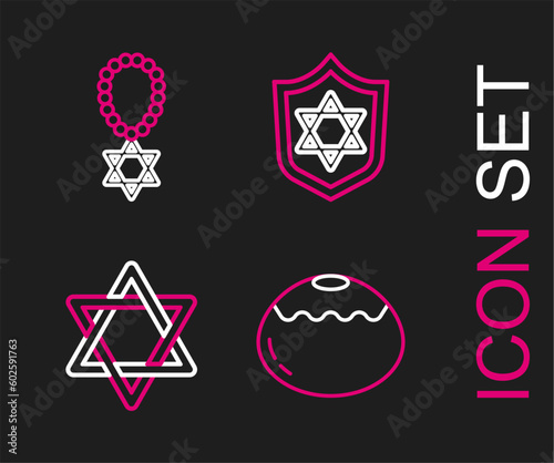 Set line Jewish sweet bakery, Star of David, Shield with and necklace on chain icon. Vector