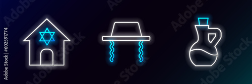 Set line Bottle of olive oil, Jewish synagogue and Orthodox jewish hat icon. Glowing neon. Vector