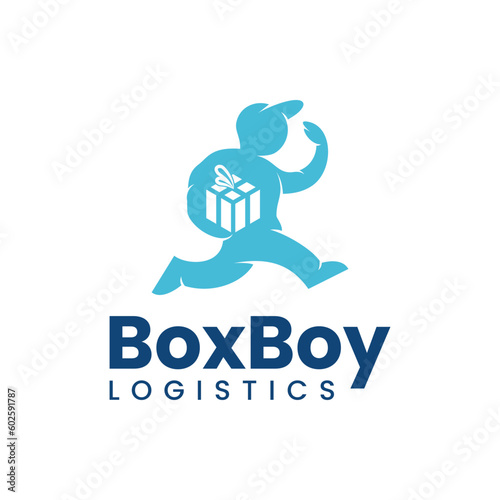 The logo illustrates a person running with a box. It is suitable for use as a mascot for a delivery service company.
