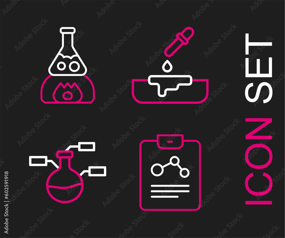 Set line Chemistry report, Test tube and flask, Petri dish with pipette and on fire icon. Vector Set line Chemistry report, Test tube and flask, Petri dish with pipette and on fire icon. Vector