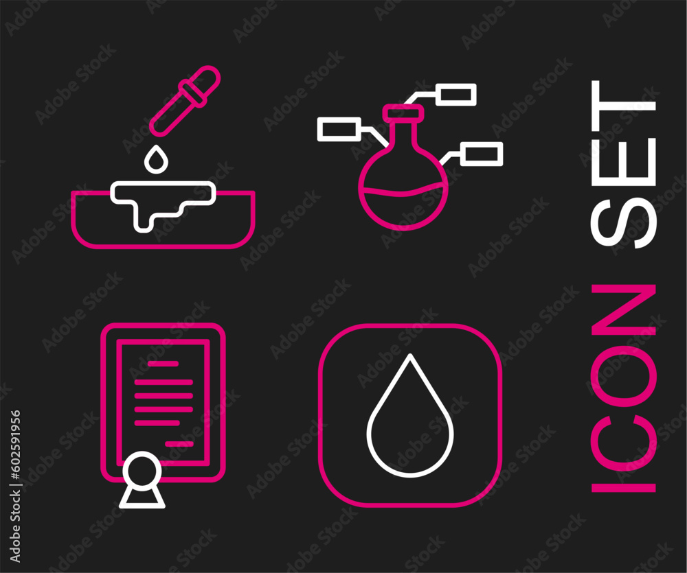 Set line Water drop, Certificate template, Test tube and flask and Petri dish with pipette icon. Vector