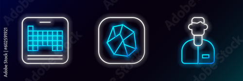 Set line Laboratory assistant, Periodic table and Salt stone icon. Glowing neon. Vector