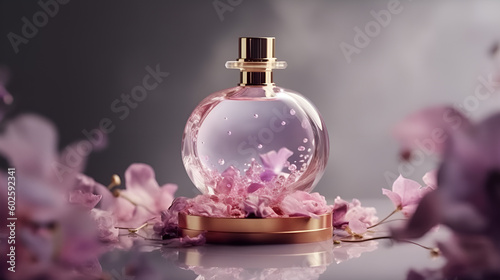 Luxury perfume glass bottle with lilac flower petals on marble, cinematic smoke realistic minimalist white light background generative ai