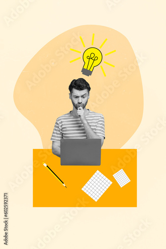 Design collage picture of young serious man thoughtful touch chin watch his netbook eureka idea write notes isolated on yellow background