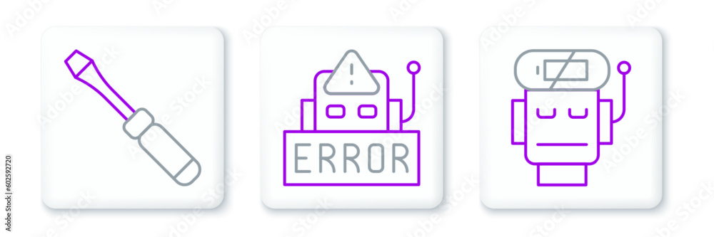 Set line Robot low battery charge, Screwdriver and Error in robot icon. Vector Set line Robot low battery charge, Screwdriver and Error in robot icon. Vector
