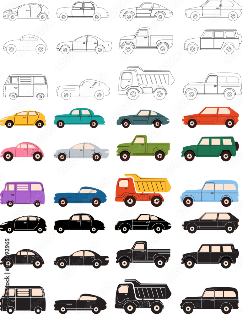 car set in flat style, sketch isolated vector