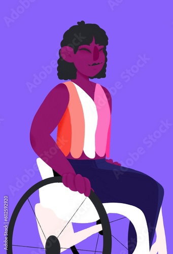 Portrait d’une femme en fauteuil roulant, T-shirt aux couleurs du drapeau lesbien