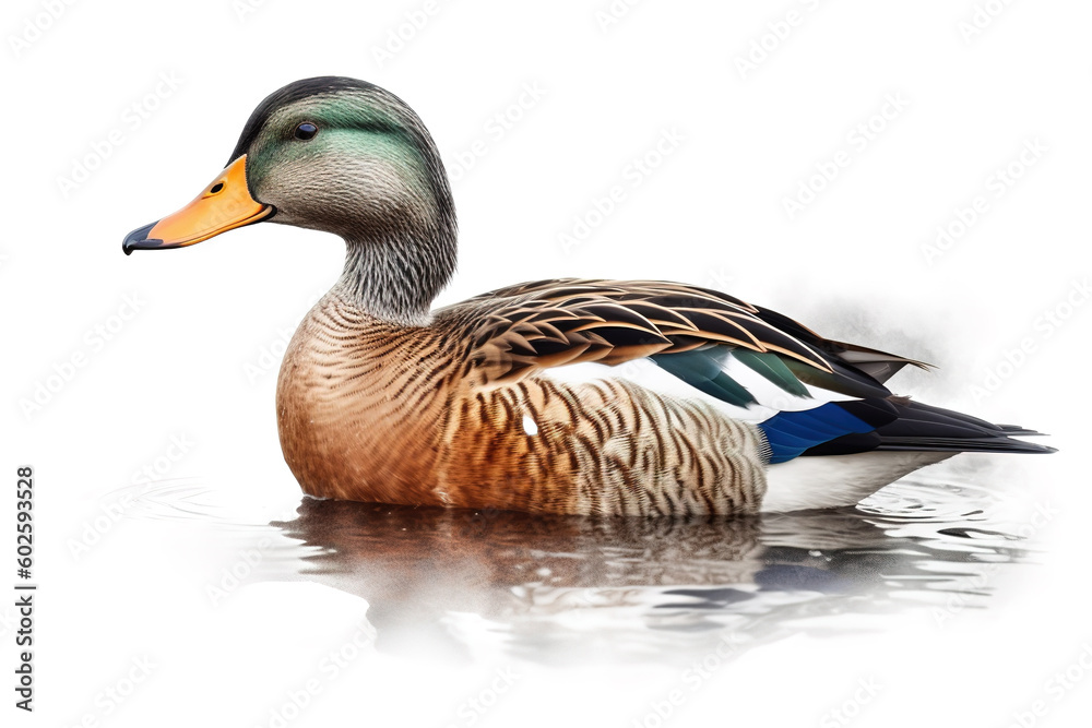 Image of duck on white background. Wild Animals. Illustration. Generative AI. Image of duck on white background. Wild Animals. Illustration. Generative AI.