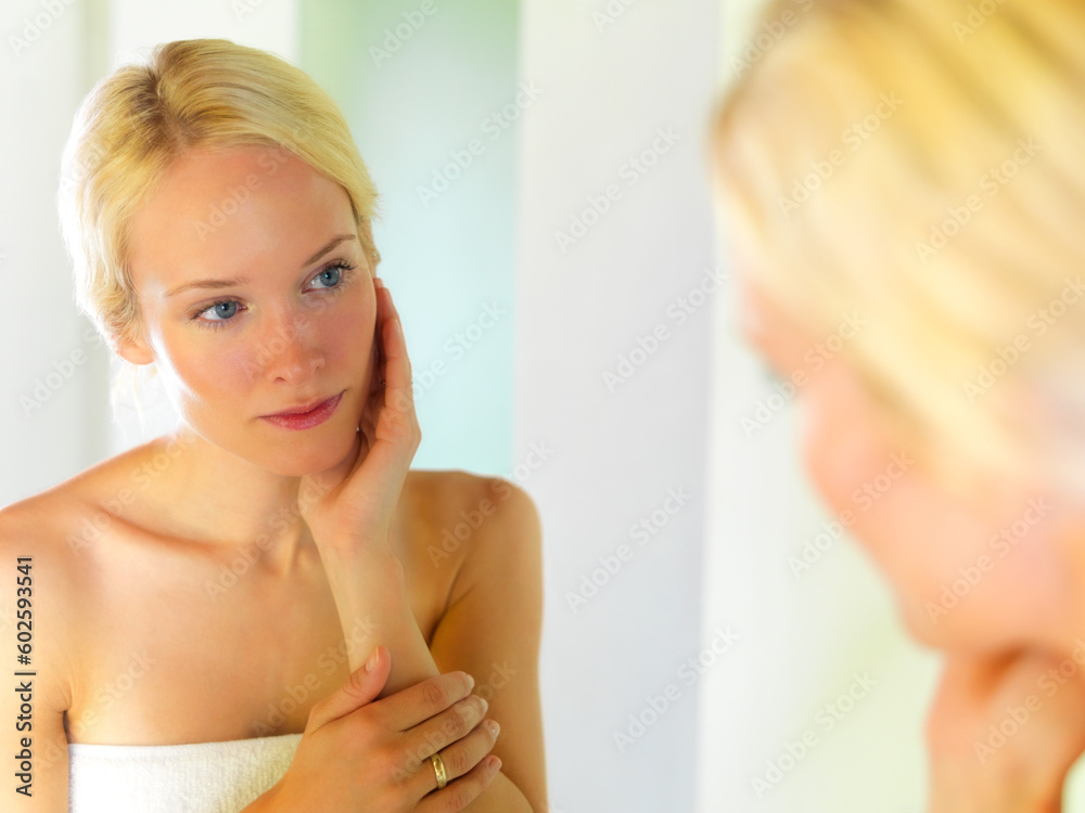 Skincare, beauty and mirror with woman in bathroom for spa, facial and anti aging product. Wellness, luxury and shower with face of girl in reflection at home for cosmetics, cleaning and self care Skincare, beauty and mirror with woman in bathroom for spa, facial and anti aging product. Wellness, luxury and shower with face of girl in reflection at home for cosmetics, cleaning and self care