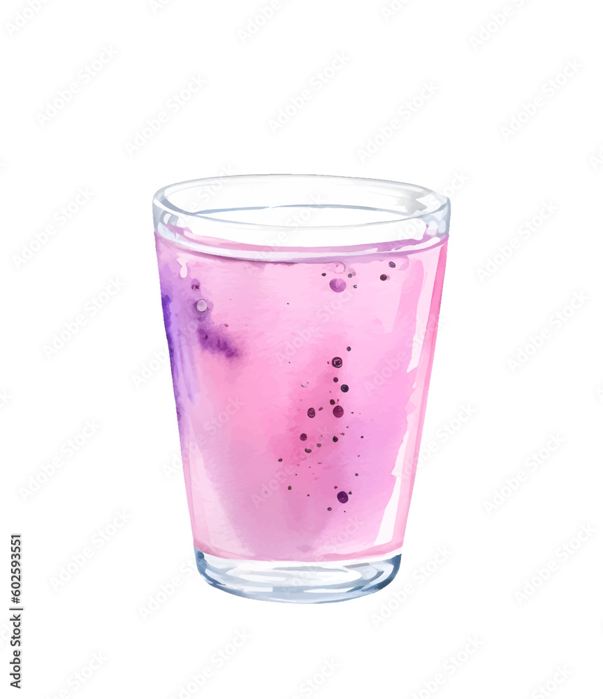 Glass with pink soda drink with bubbles isolated on white background. Hand drawn watercolor illustration. Glass with pink soda drink with bubbles isolated on white background. Hand drawn watercolor illustration.