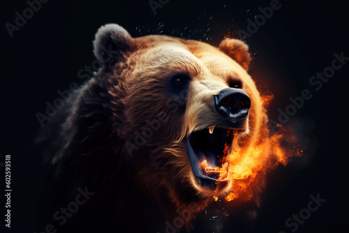 Image of an angry brown bear and flames. Wildlife Animals. Illustration, generative AI