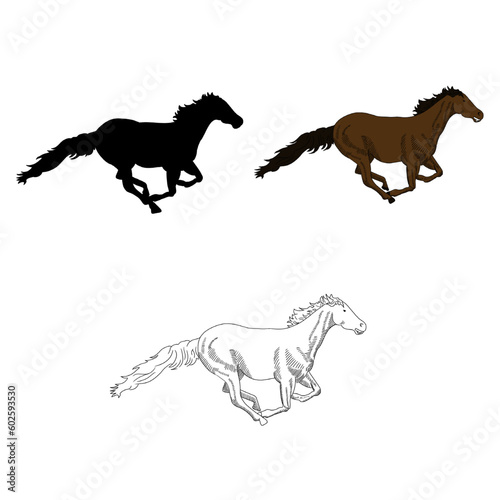illustration set of running horse in 3 difference style