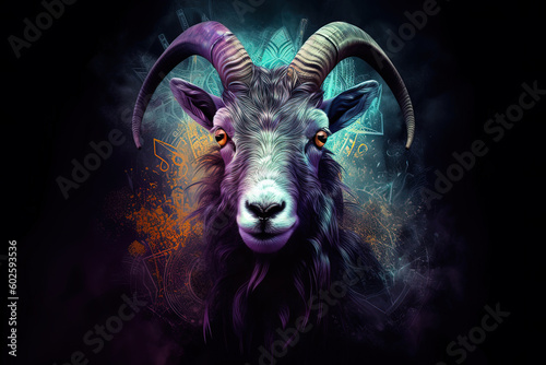 Image of colorful goat head on white background. Farm animal. illustration, generative AI.