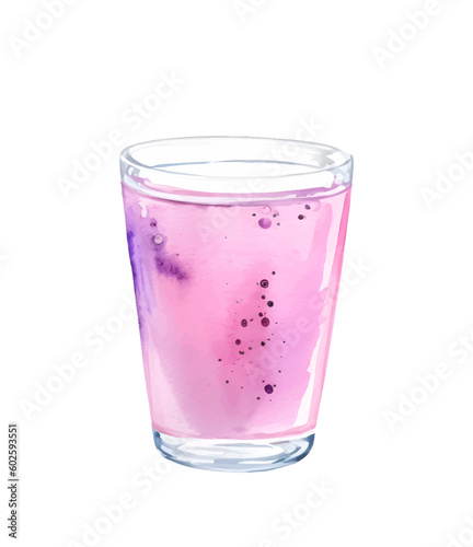 Glass with pink soda drink with bubbles isolated on white background. Hand drawn watercolor illustration.