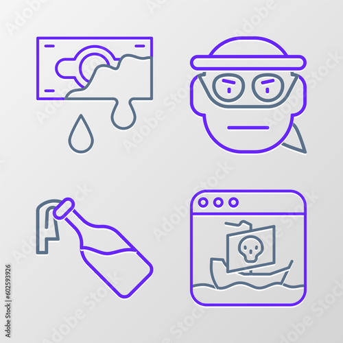 Set line Internet piracy, Cocktail molotov, Bandit and Bloody money icon. Vector