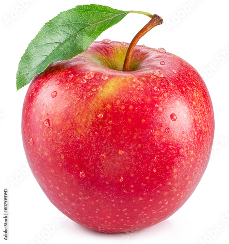 Ripe perfect red apple covered with small water drops on white background.