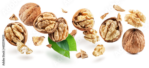 Whole walnuts and walnut kernels levitating in air on white background.