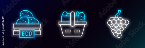 Set line Grape fruit, Wooden box for fruits and Shopping basket and food icon. Glowing neon. Vector