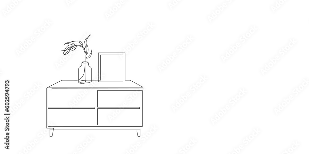 Continuous line drawing of chest of drawers, commode with flower and frame for photo. One line drawing of bureau, indoor furniture editable stroke. Single line Handdraw contour. Vector illustration Continuous line drawing of chest of drawers, commode with flower and frame for photo. One line drawing of bureau, indoor furniture editable stroke. Single line Handdraw contour. Vector illustration