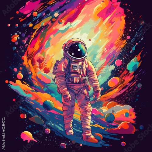 An astronaut in an orbit with colored stars
