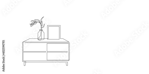 Continuous line drawing of chest of drawers, commode with flower and frame for photo. One line drawing of bureau, indoor furniture editable stroke. Single line Handdraw contour. Vector illustration