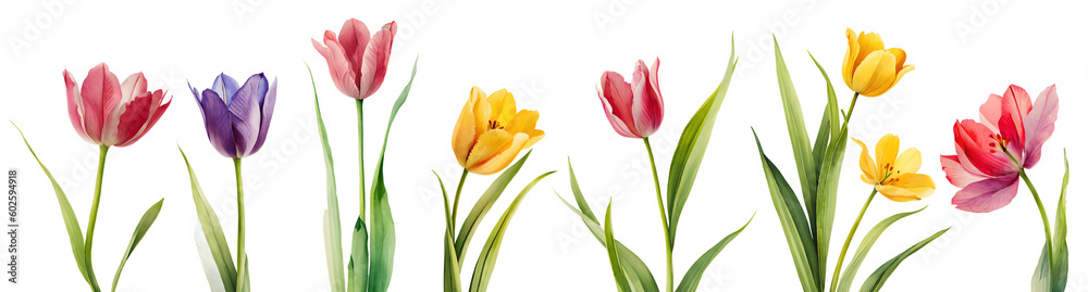 Set of different watercolour tulips isolated on transparent background. Generative AI

 - obrazy, fototapety, plakaty 
