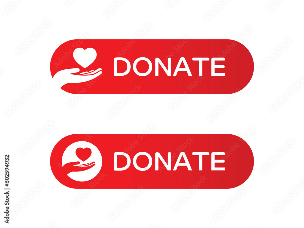 Donate web buttons. Red button with hand holding heart. Symbol of financial aid isolated on white background Donate web buttons. Red button with hand holding heart. Symbol of financial aid isolated on white background